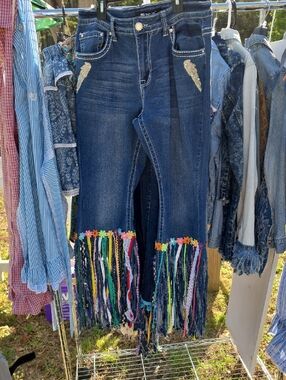 Sky Dark Blue Festival Jeans with Multicolor Fringe Trim lovingly Handmade!